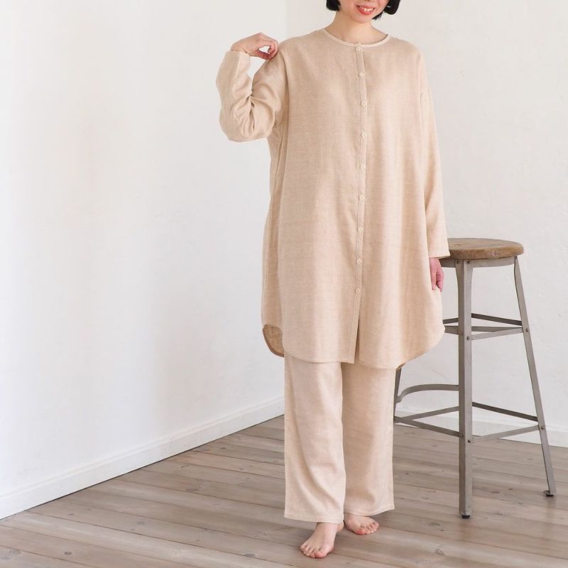 ダブルガーゼのワンピースパジャマ 上下セット 茶 メイドインアース オーガニックコットン製品と布ナプキン 天然せっけんの専門店 直営