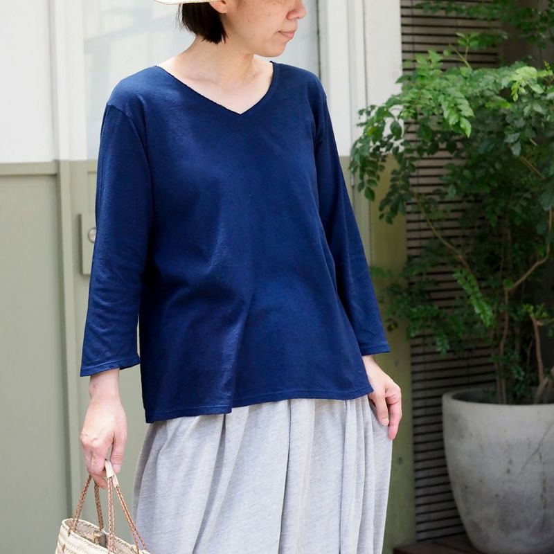 天然藍Vネック7分袖プルオーバー　メイドインアース オーガニックコットン