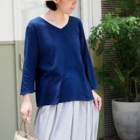 天然藍Vネック7分袖プルオーバー　メイドインアース オーガニックコットン