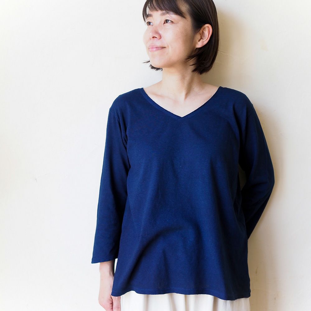 天然藍Vネック7分袖プルオーバー　メイドインアース オーガニックコットン